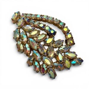 Vintage 1950s Aurora Borealis Rhinestone Brooch | AB Crystal Leaf Feather Pin